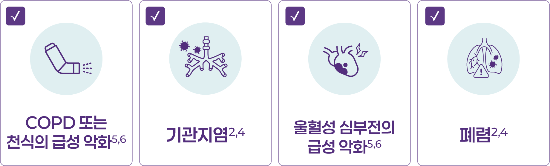COPD 또는 천식의 급성 악화, 기관지염, 울혈성 심부전의 급성 악화, 폐렴
