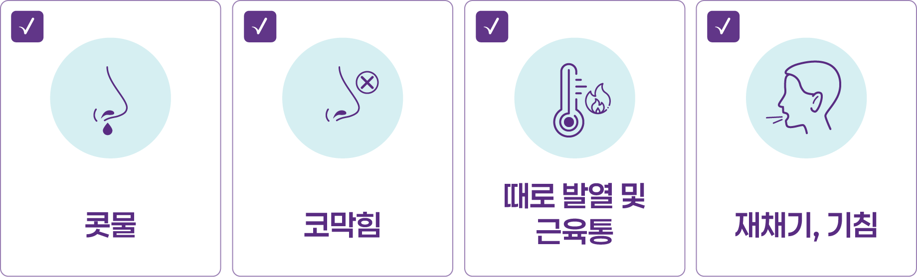 콧물, 코막힘, 때로 발열 및 근육통, 재채기, 기침